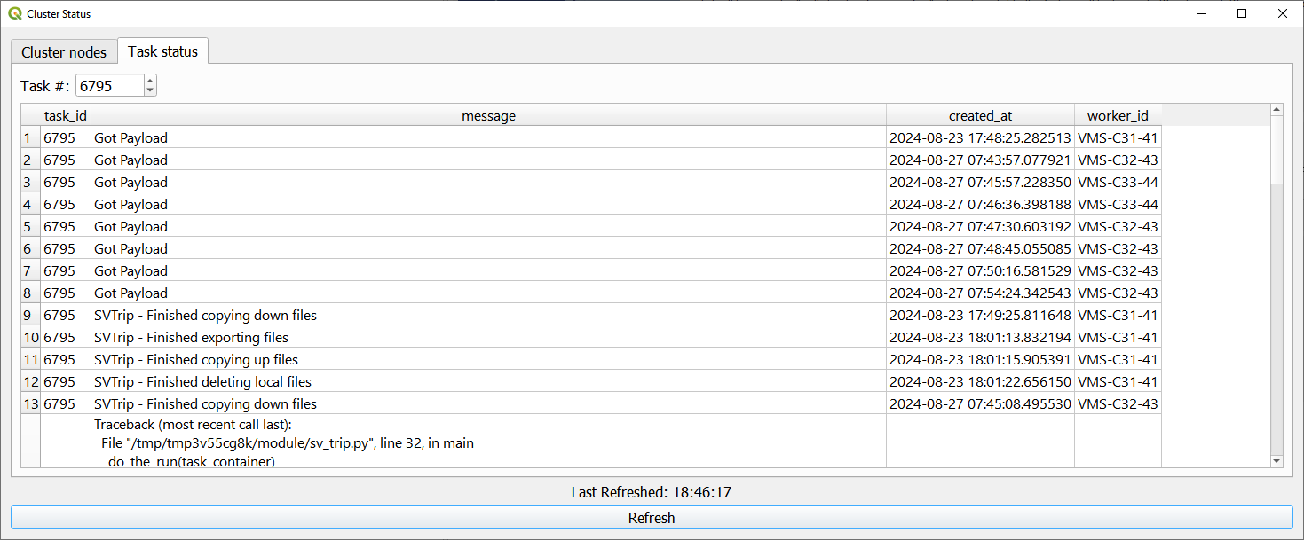 Example task status window with information on a specific task ID